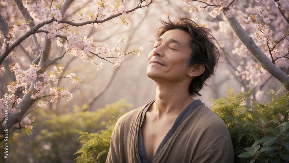 Man enjoys tranquility among blooming cherry blossoms during springtime at a park Man enjoys tranquility among blooming cherry blossoms during springtime at a park