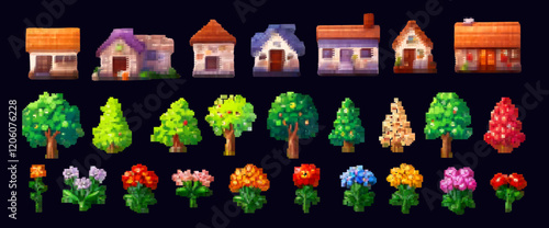 8-bit pixel art set featuring house, tree, flower, and plant icons. Perfect for game, arcade, or retro-style designs of village, town, and garden settings.