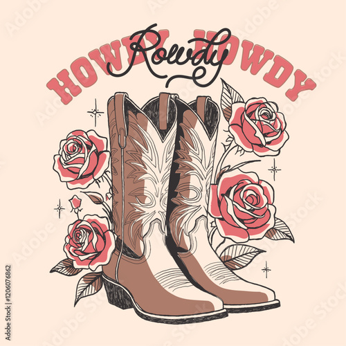 western fashion print with Cowgirl boots. Cowboy western and wild west culture.  Hand drawn retro vector poster. girls graphics. summer print design. desert cowgirl t shirt design.