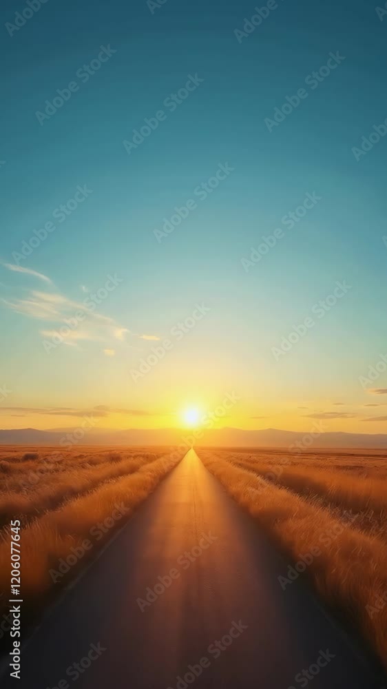 A peaceful sunrise lights up a long, empty road surrounded by golden grass A peaceful sunrise lights up a long, empty road surrounded by golden grass