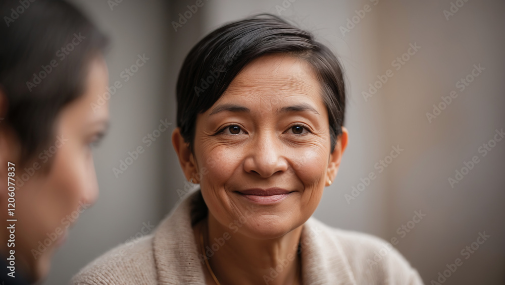 Smiling woman shares a moment with a friend during a relaxed afternoon conversation in a cozy setting Smiling woman shares a moment with a friend during a relaxed afternoon conversation in a cozy setting