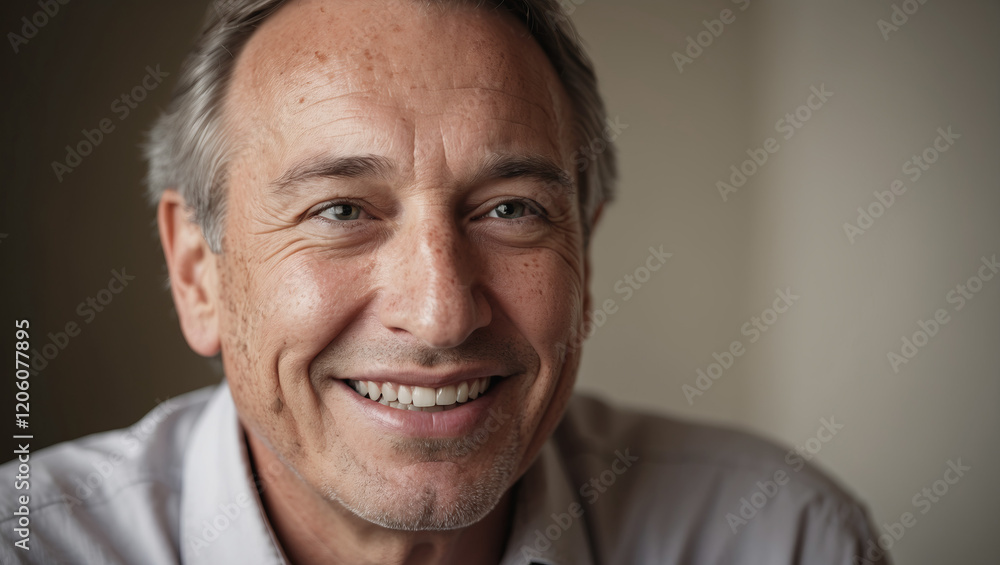 Smiling man with gray hair wearing a light shirt, expressing warmth and friendliness in a cozy indoor setting Smiling man with gray hair wearing a light shirt, expressing warmth and friendliness in a cozy indoor setting