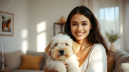 A smiling young woman with fair skin and gentle features trains her maltipoo in a softly lit living room. Ethereal spiritual vibe with diffused shadows and subtle illumination creating a light aura  photo