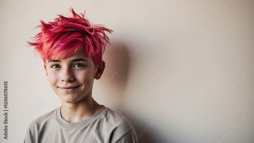 Fototapeta premium Young person with vibrant pink hair smiles against a neutral background while wearing a casual grey t-shirt