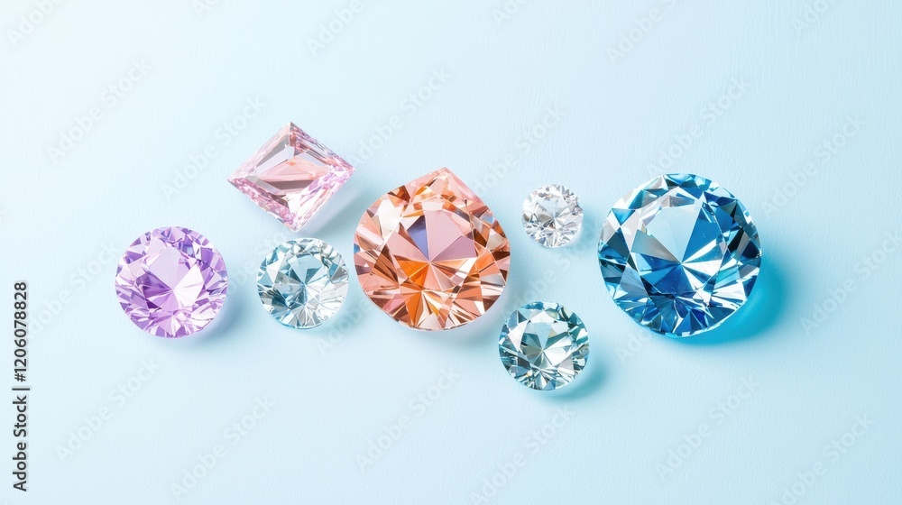 A Stunning Array of Colorful Gemstones Glimmering on Soft Blue Surface A Stunning Array of Colorful Gemstones Glimmering on Soft Blue Surface