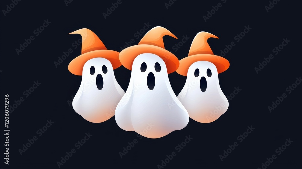 Obraz premium Playful Cartoon Ghosts in Orange Hats for Halloween Celebration