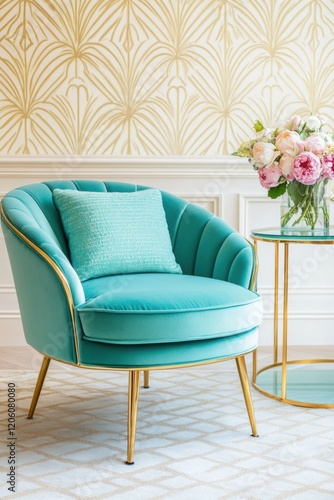 Luxurious Art Deco living room showcasing turquoise velvet armchair with gold legs and elegant glass coffee table against geometric wallpaper photo