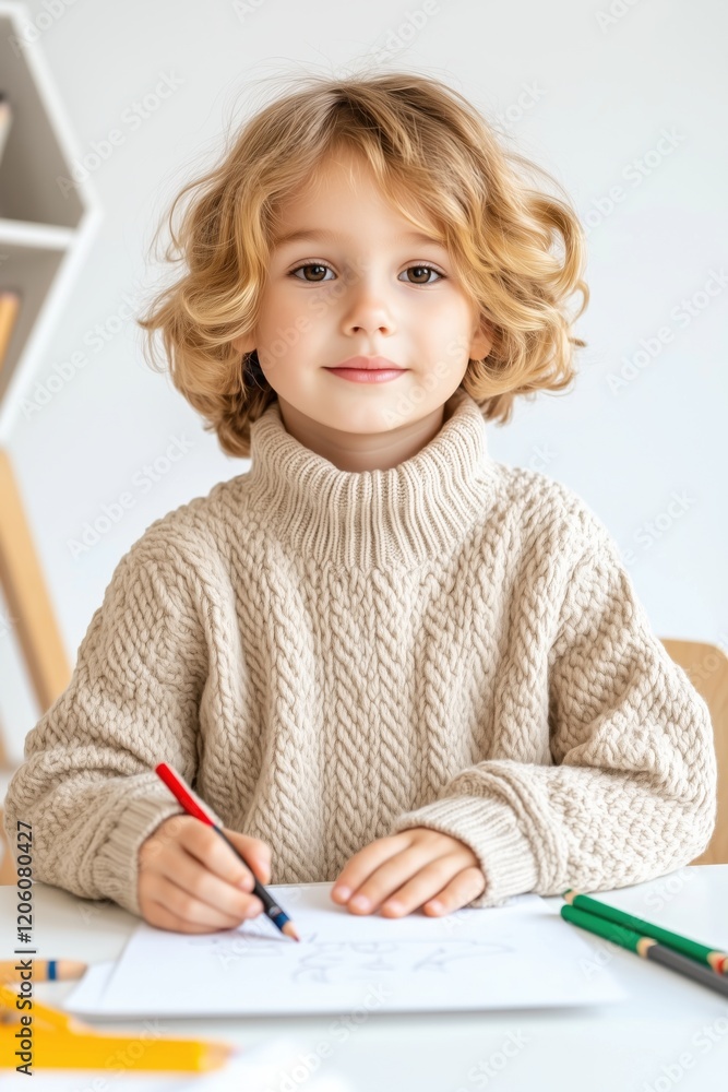 Child in cozy beige sweater engaged in creative drawing activity at bright table with muted decor, surrounded by crayons and artistic tools in a relaxed setting Child in cozy beige sweater engaged in creative drawing activity at bright table with muted decor, surrounded by crayons and artistic tools in a relaxed setting