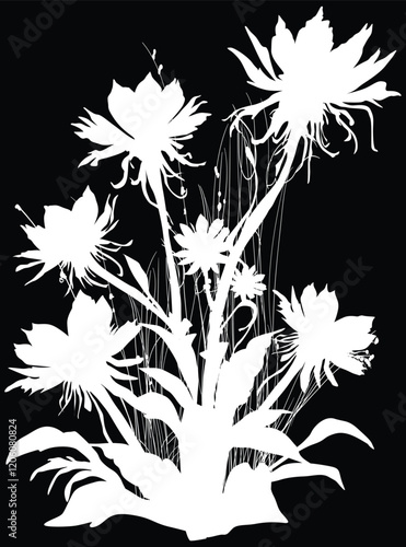 illustration with large flowers bunch isolated on whiteillustration with large flowers silhouettes isolated on black photo