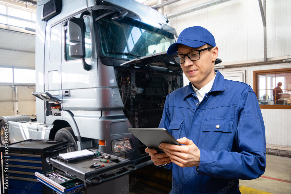 Serviceman with digital tablet on the background of the truck in the car service. Serviceman with digital tablet on the background of the truck in the car service.