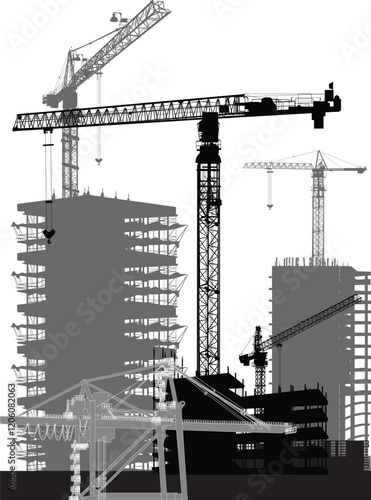 six balck and gray cranes on building plant