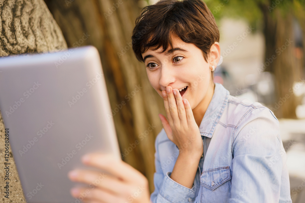 A Young Woman is Expressing Surprise and Delight in Reaction to Her Tablet Screen Display A Young Woman is Expressing Surprise and Delight in Reaction to Her Tablet Screen Display