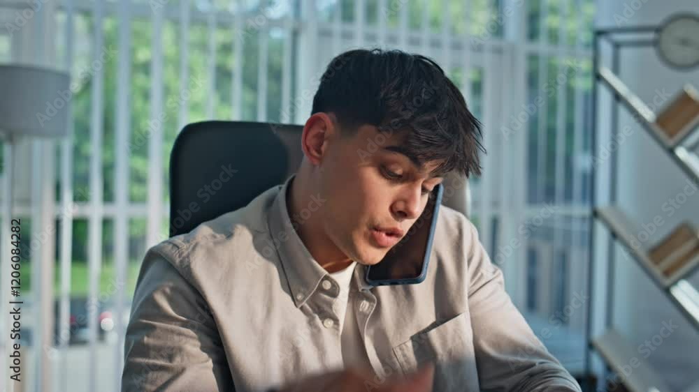 Help desk operator call at modern workplace closeup. Manager talking remotely Help desk operator call at modern workplace closeup. Manager talking remotely