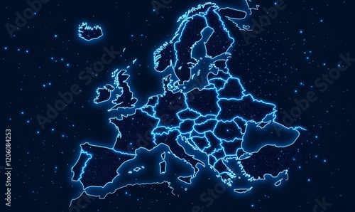 Illuminated Blue Map of Europe, showcasing highlighted capitals across the continent's intricate geography and borders, emphasizing urban centers. photo