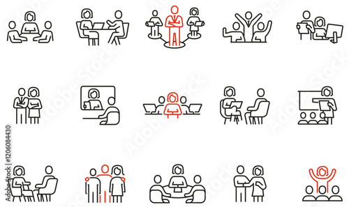 Vector Set of Linear Icons Related to Business Meeting, Partnership Discussion, Conference. Mono line pictograms and infographics design elements