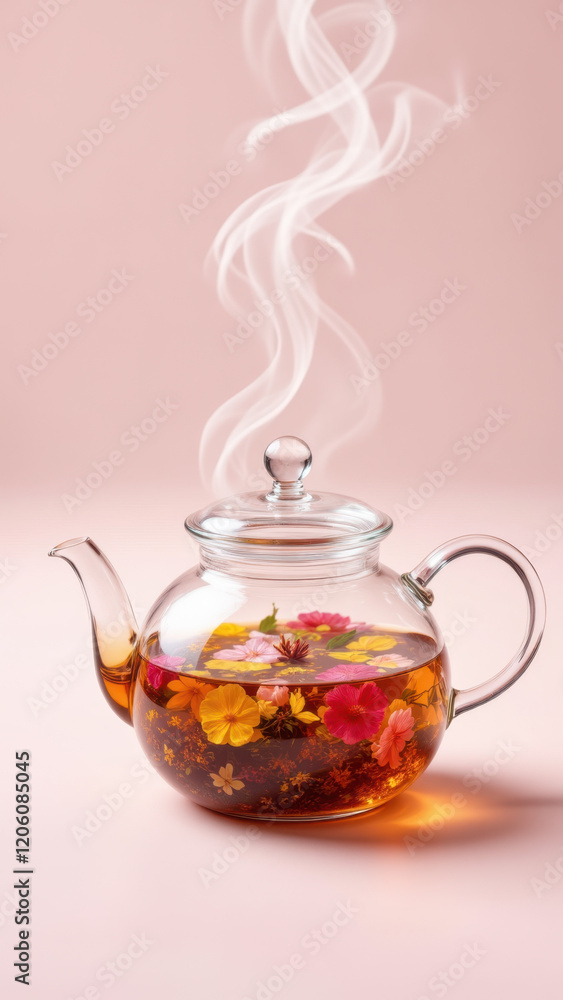 Steaming cup of floral tea with herbs for a healthy detox experience. Steaming cup of floral tea with herbs for a healthy detox experience.