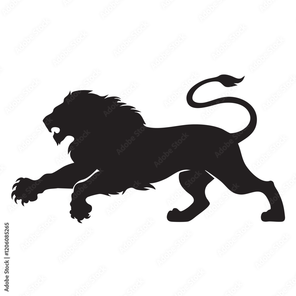 Obraz premium A flat silhouette of a lion in mid-pounce, with its body curved and claws reaching forward, black silhouette on a white background....