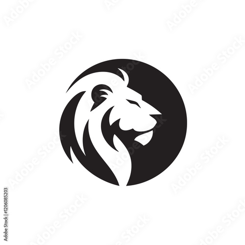 A flat silhouette of a lion’s profile inside a circle, with minimal detailing for a sleek logo, black silhouette on a white background....