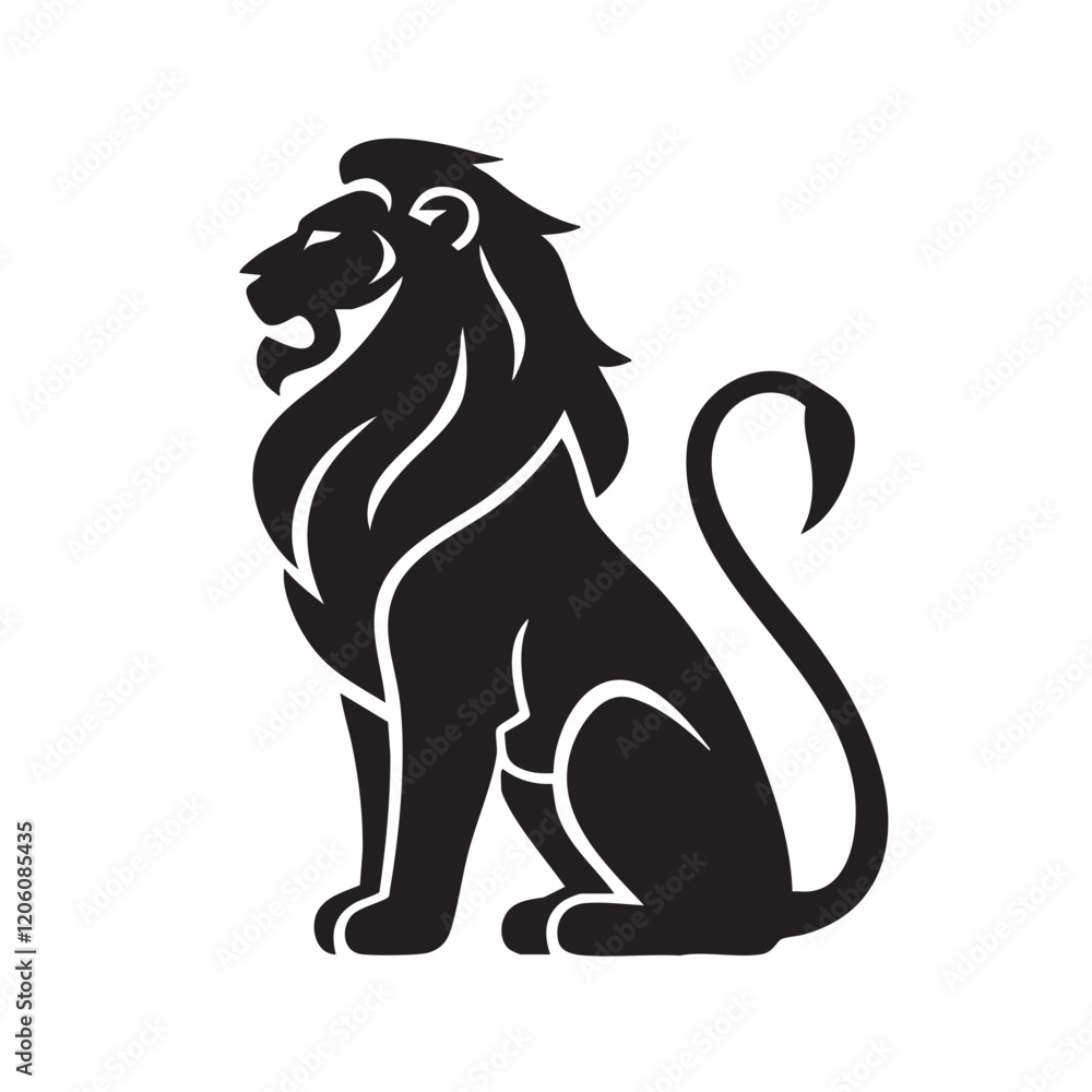 Fototapeta premium A flat silhouette of a lion sitting upright with its tail curled around, exuding elegance and authority, black silhouette on a white background....