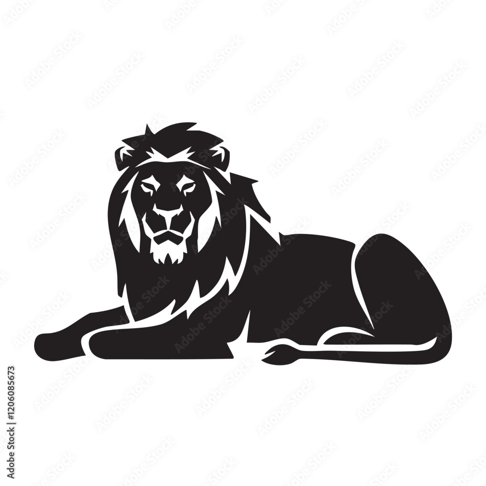 Fototapeta premium A flat silhouette of a lion in a resting position, with its head turned slightly toward the viewer, black silhouette on a white background....
