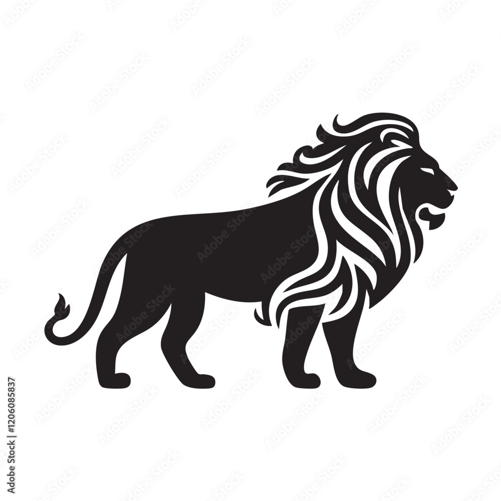A flat silhouette of a lion standing sideways, with its mane styled in intricate patterns for an artistic logo, black silhouette on a white background.... A flat silhouette of a lion standing sideways, with its mane styled in intricate patterns for an artistic logo, black silhouette on a white background....