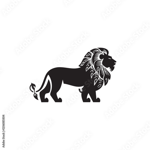 A flat silhouette of a lion standing sideways, with its mane styled in intricate patterns for an artistic logo, black silhouette on a white background....