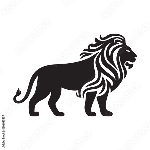 A flat silhouette of a lion standing sideways, with its mane styled in intricate patterns for an artistic logo, black silhouette on a white background....