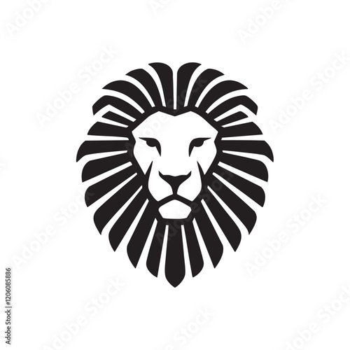 A flat silhouette of a lion’s head facing forward, with its mane designed in a radial or sunburst pattern, black silhouette on a white background....