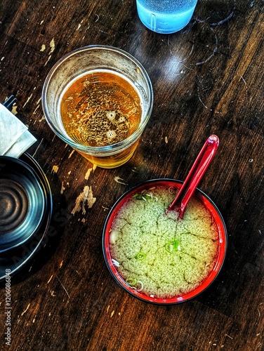 Miso soup and beer top view