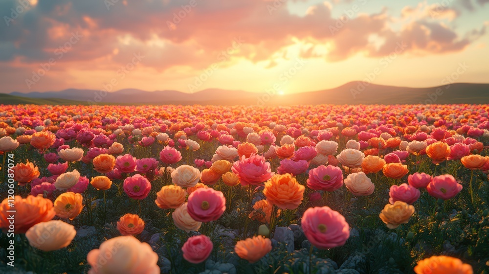 Fototapeta premium Colorful Flower Field at Sunset with Serene Atmosphere and Warm Hues Dominating the Landscape