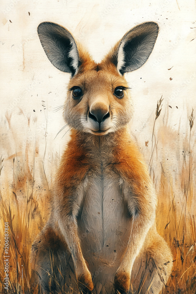 Fototapeta premium A Red Kangaroo Sitting in Golden Grassland