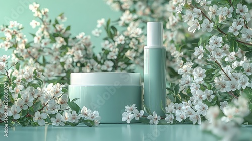 Mint green cosmetic jar and bottle surrounded by blooming white flowers on a pastel green background. photo