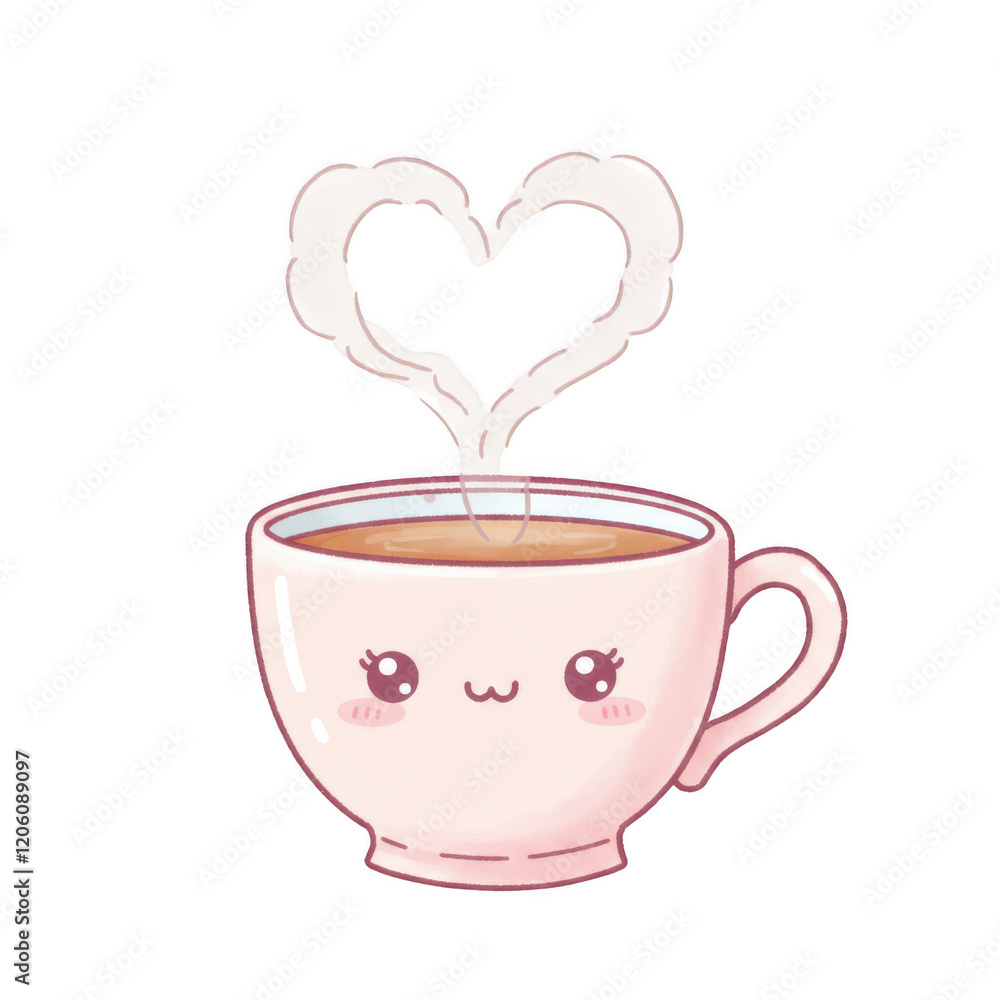 Hand-Drawn Kawaii-Style Teacup with Heart-Shaped Steam and Sparkles Hand-Drawn Kawaii-Style Teacup with Heart-Shaped Steam and Sparkles
