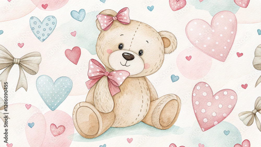 Obraz premium Cute watercolor teddy bear seamless pattern with hearts and bows for children's projects and nursery decor 