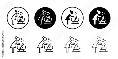 Mother washing baby in bath tub icon Thin line art isolated