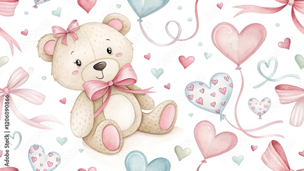 Cute watercolor teddy bear seamless pattern with hearts and bows for children's projects and nursery decor
Cute watercolor teddy bear seamless pattern with hearts and bows for children's projects and nursery decor