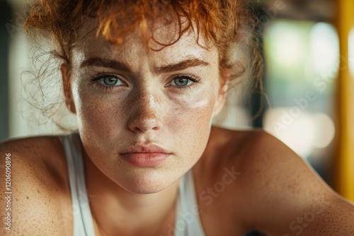 Determined sportswoman with freckles taking a break during workout