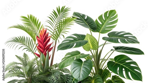 A photostock of vibrant tropical plants with lush green leaves arranged on a white background, perfect for exotic or nature themes. High Quality
 photo