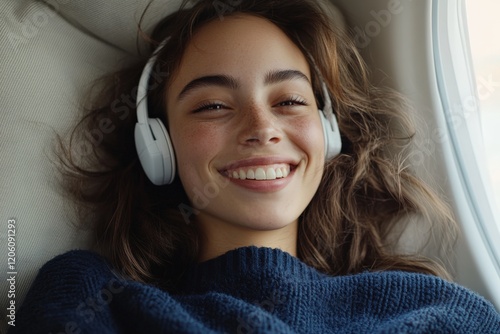 Happy passenger enjoying music during flight