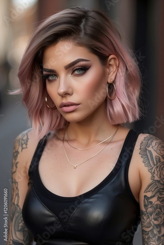 Beautiful beauty or fashion portrait of a woman with makeup with peach stright hair on a beautiful Peach and pink color background