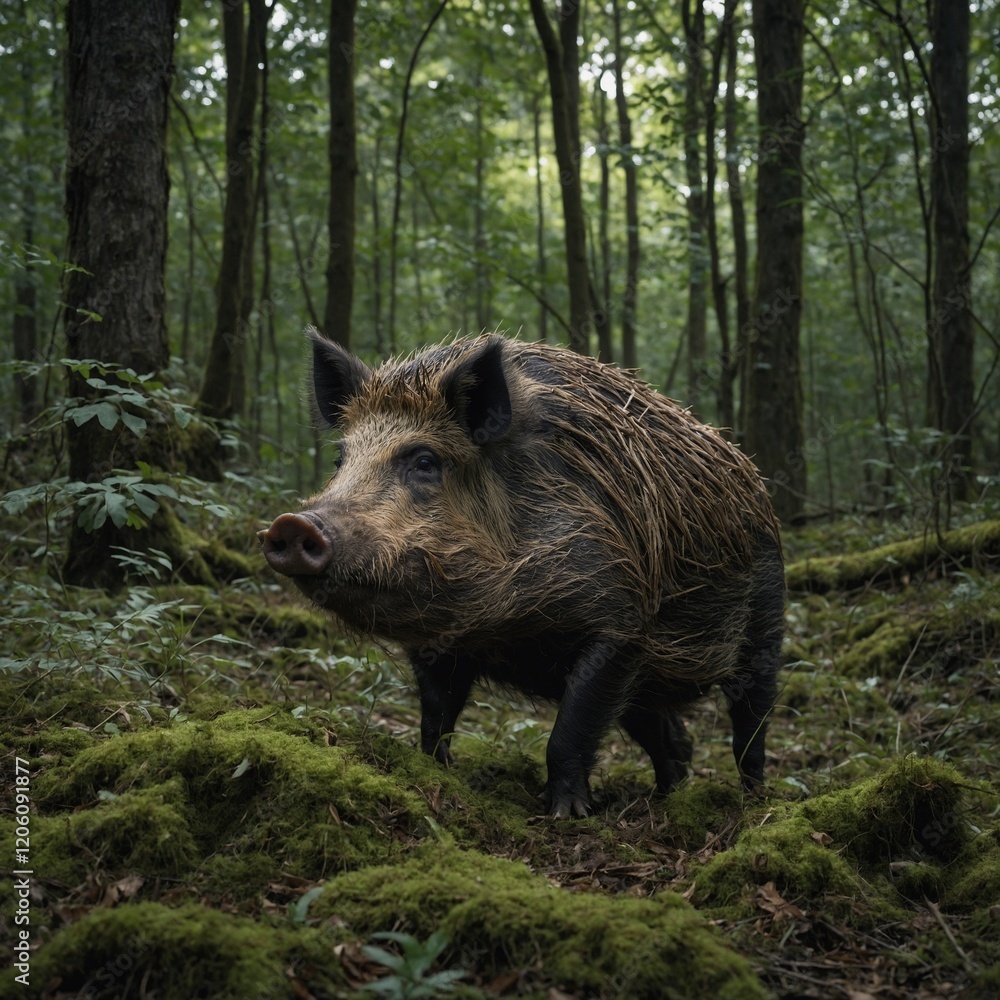 Majestic Wild Boar in Natural Forest Habitat.A wild boar roaming through the underbrush of a dense, sunlit forest.Wild Boar Grazing Amidst Lush Woodland.A gentle doe grazing in a forest clearing, with Majestic Wild Boar in Natural Forest Habitat.A wild boar roaming through the underbrush of a dense, sunlit forest.Wild Boar Grazing Amidst Lush Woodland.A gentle doe grazing in a forest clearing, with