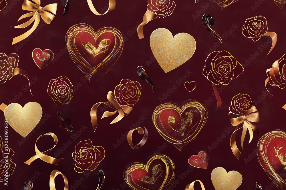 Fototapeta premium Luxurious Pattern Design with Gold Hearts and Roses
