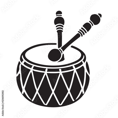A Silhouette Illustration of a Traditional Dhol Drum with Beaters