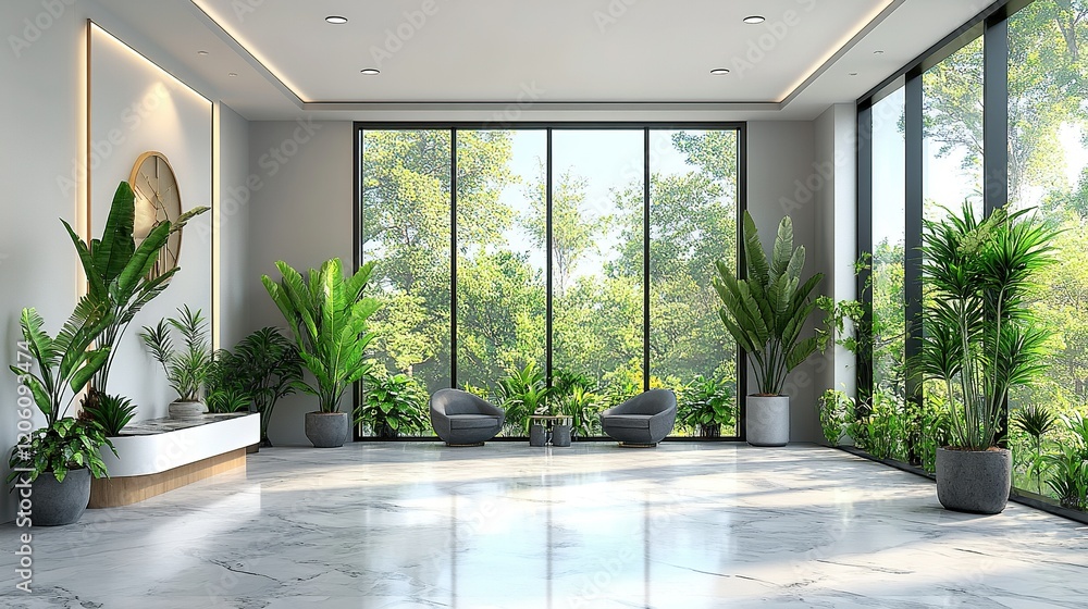Fototapeta premium Modern lobby interior with plants, forest view, seating area