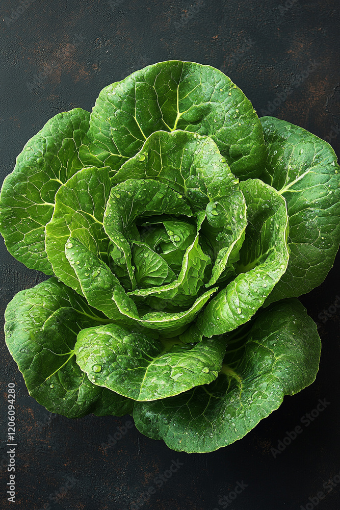 Obraz premium Fresh Green Lettuce Head Dew Drops Garden Vegetable