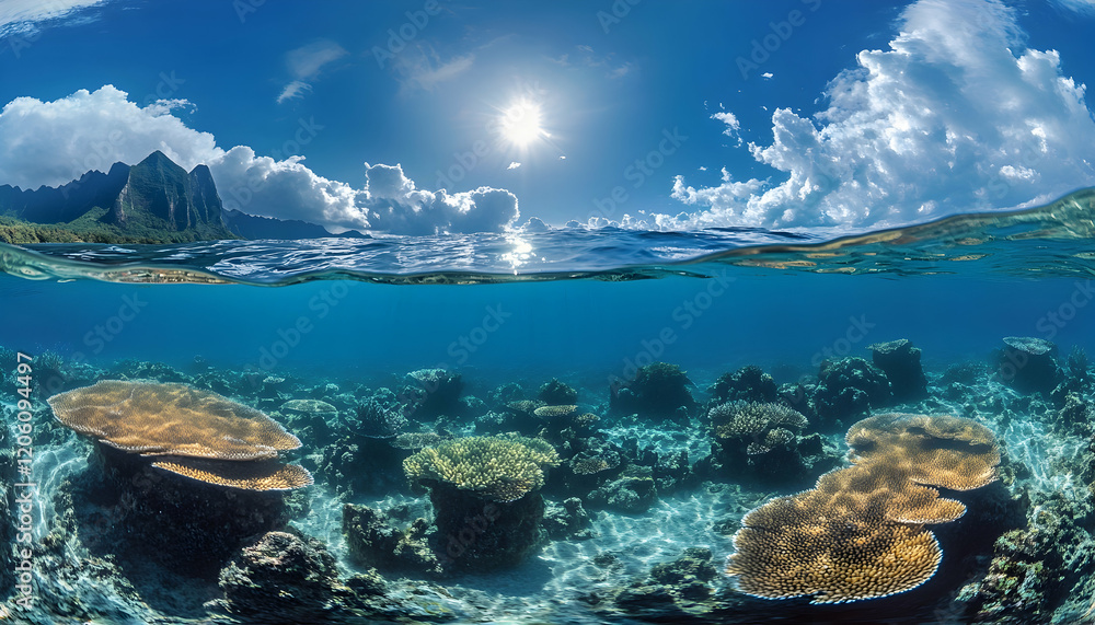 Split underwater view, showing serene sea beneath a bright sunny sky AI Generated Split underwater view, showing serene sea beneath a bright sunny sky AI Generated
