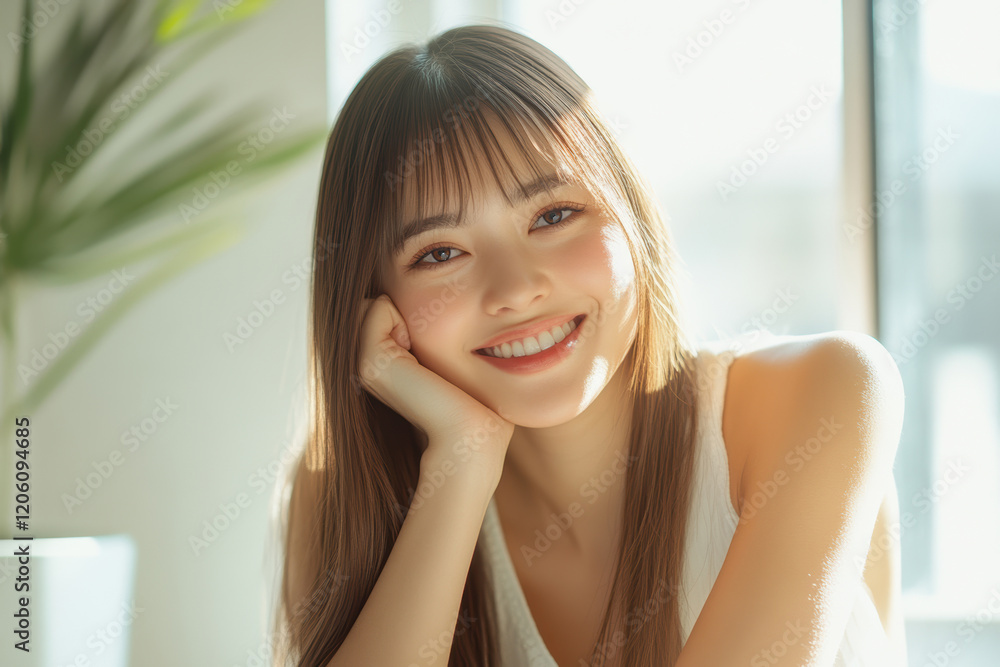 Young Asian woman smiling warmly while sitting in a bright bedroom with sunlight streaming through the window