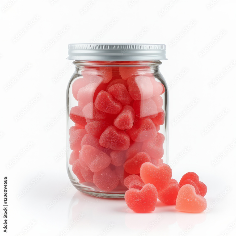 Candy Jar Filled with Heart-Shaped Gummies – A candy jar filled with heart-shaped gummies, isolated on a white background. Candy Jar Filled with Heart-Shaped Gummies – A candy jar filled with heart-shaped gummies, isolated on a white background.