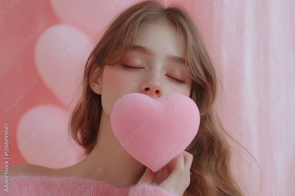Pretty Girl with Closed Eyes Holding Pink Heart Shaped Plush Toy Sweet Romantic Valentine Day Pastel Colors Soft Focus Dreamy Tenderness Gentle Love joy cute care calm Pretty Girl with Closed Eyes Holding Pink Heart Shaped Plush Toy Sweet Romantic Valentine Day Pastel Colors Soft Focus Dreamy Tenderness Gentle Love joy cute care calm