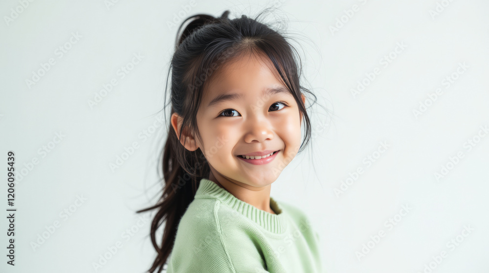 East Asian Teen Portrait – A Portrait of a Young East Asian Teenage Girl with a Ponytail, Wearing Casual Attire. East Asian Teen Portrait – A Portrait of a Young East Asian Teenage Girl with a Ponytail, Wearing Casual Attire.